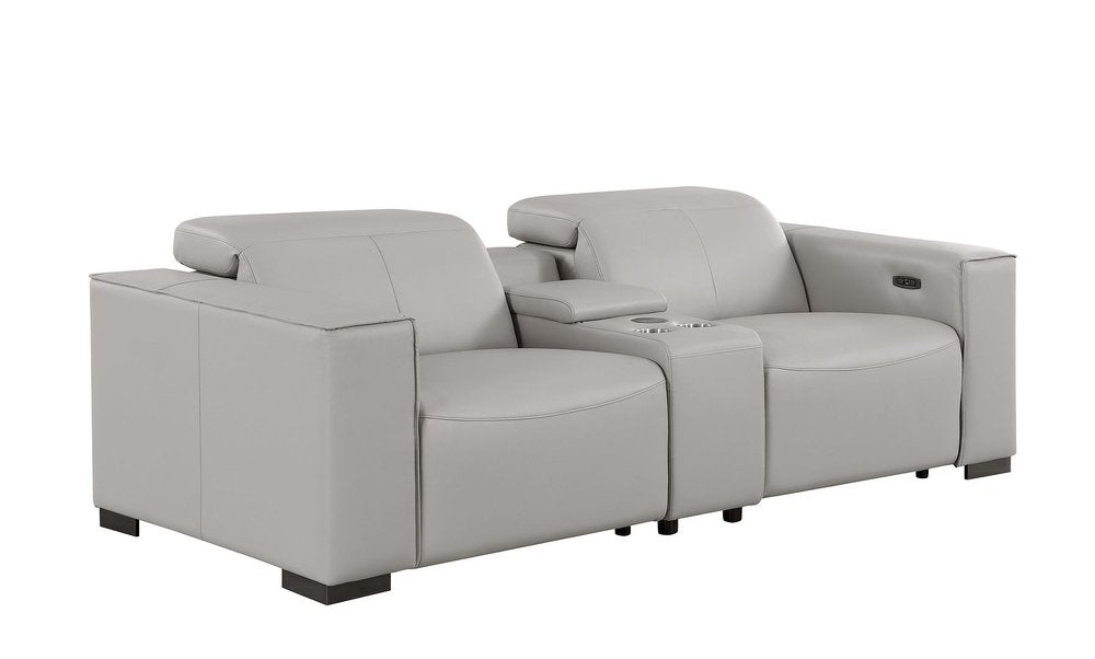 93" Light Gray and Brown Leather Power Reclining Loveseat With Storage