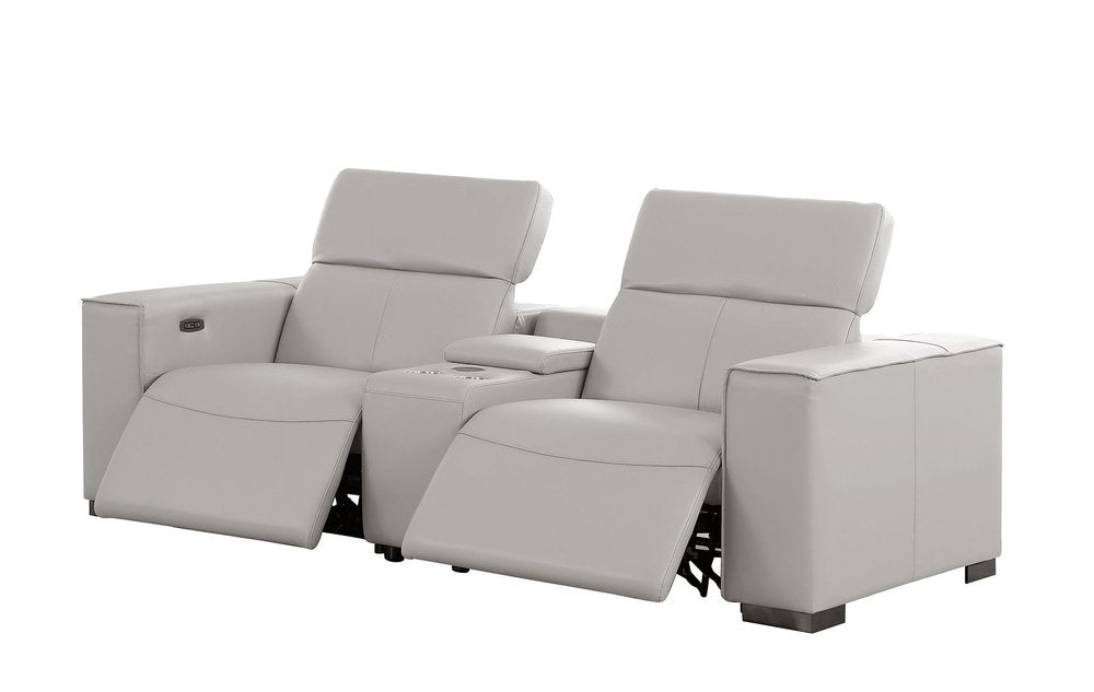 93" Light Gray and Brown Leather Power Reclining Loveseat With Storage