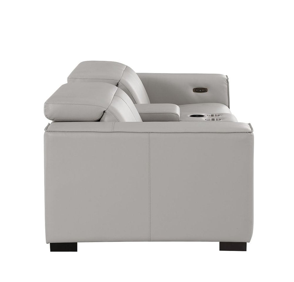93" Light Gray and Brown Leather Power Reclining Loveseat With Storage