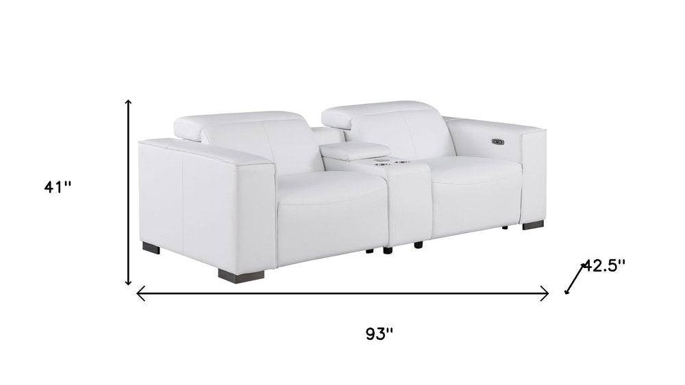 93" White and Brown Leather Power Reclining Loveseat With Storage