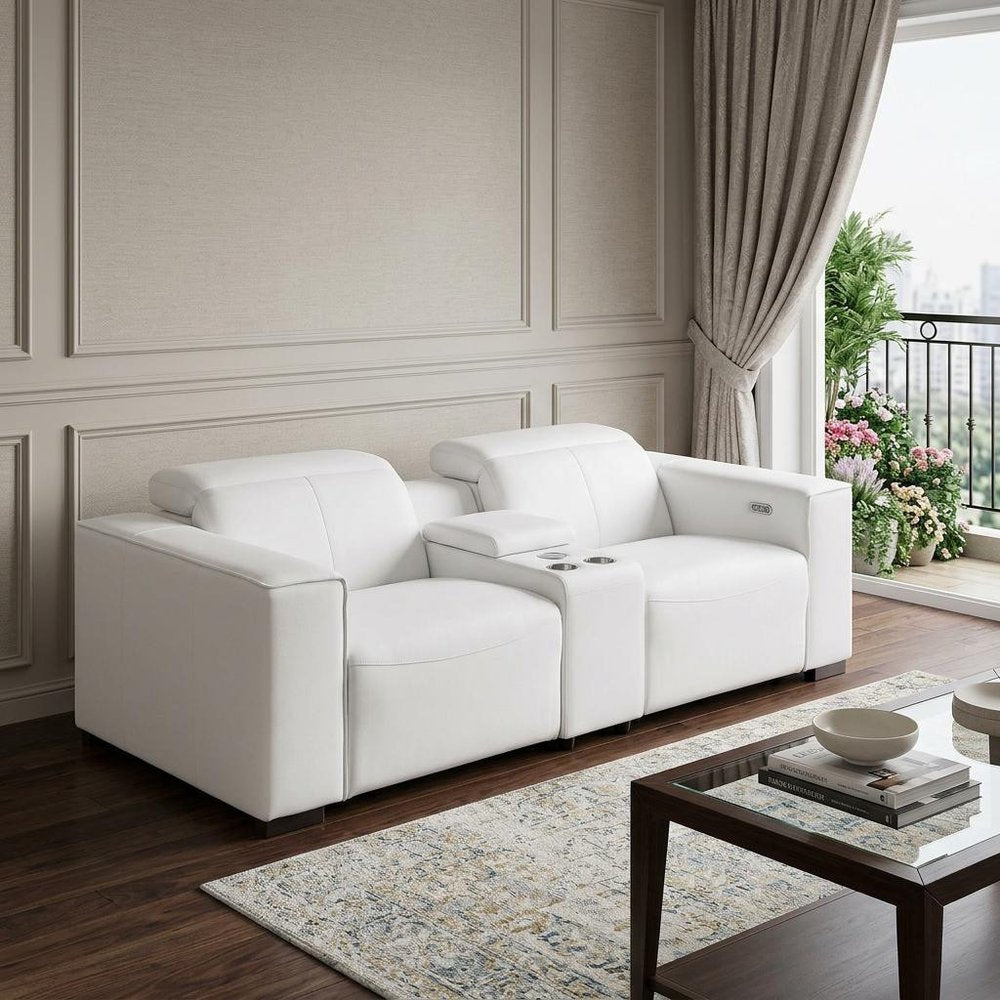 93" White and Brown Leather Power Reclining Loveseat With Storage