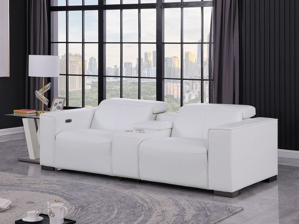 93" White and Brown Leather Power Reclining Loveseat With Storage