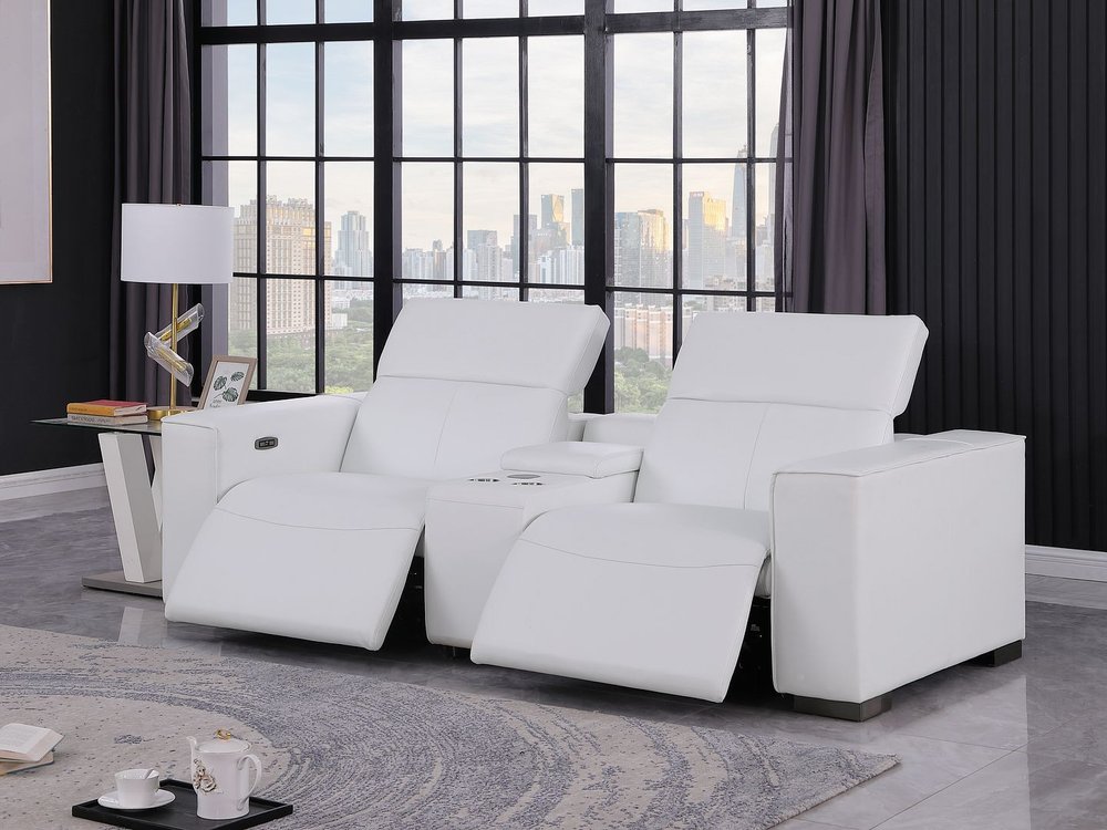 93" White and Brown Leather Power Reclining Loveseat With Storage