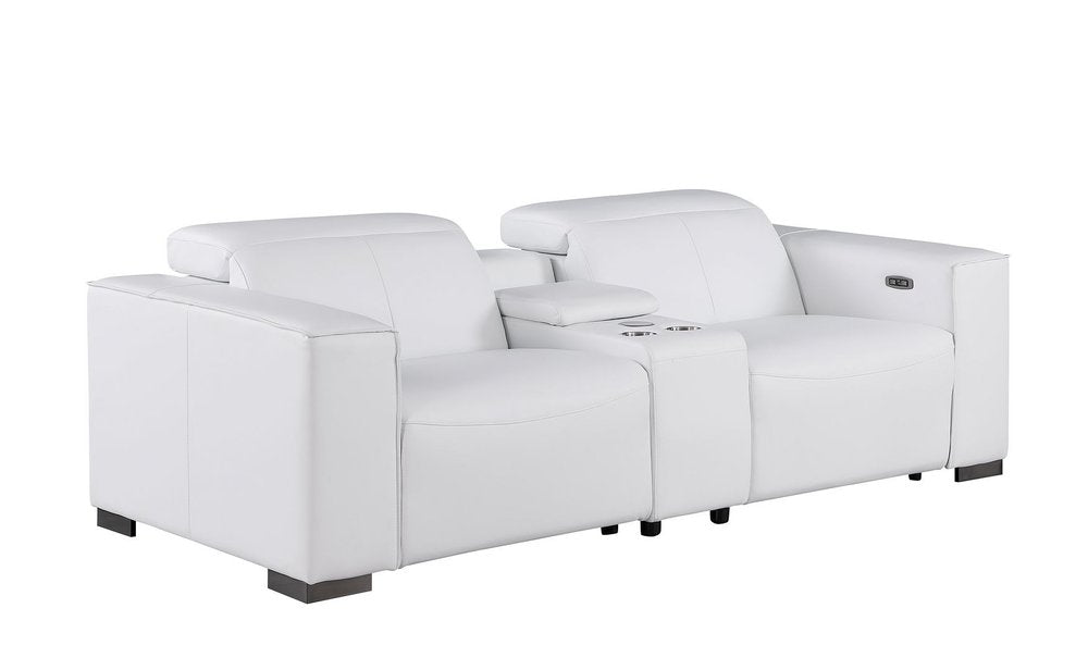 93" White and Brown Leather Power Reclining Loveseat With Storage