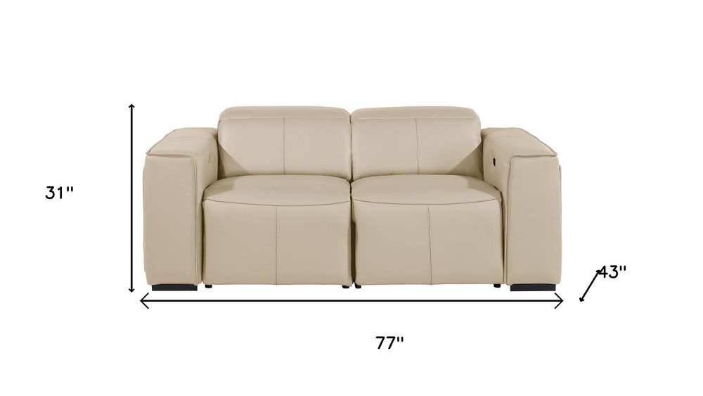 77" Cream and Brown Italian Leather Power Reclining Loveseat With Storage