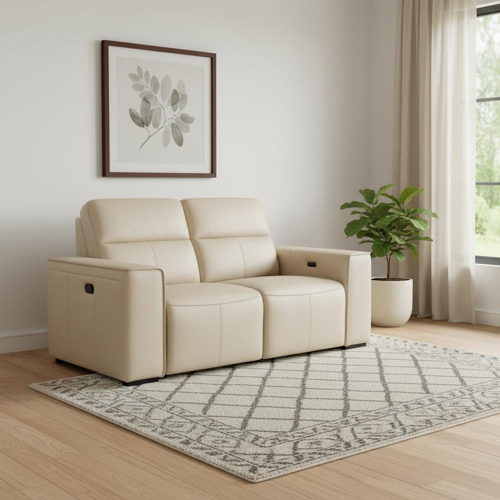 77" Cream and Brown Italian Leather Power Reclining Loveseat With Storage
