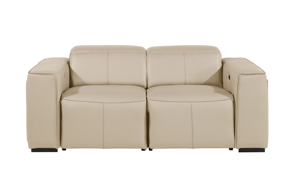 77" Cream and Brown Italian Leather Power Reclining Loveseat With Storage