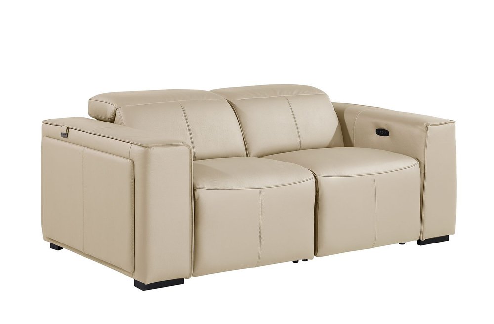77" Cream and Brown Italian Leather Power Reclining Loveseat With Storage