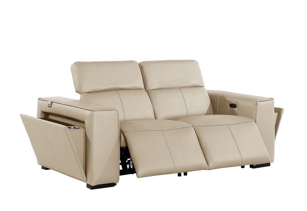 77" Cream and Brown Italian Leather Power Reclining Loveseat With Storage