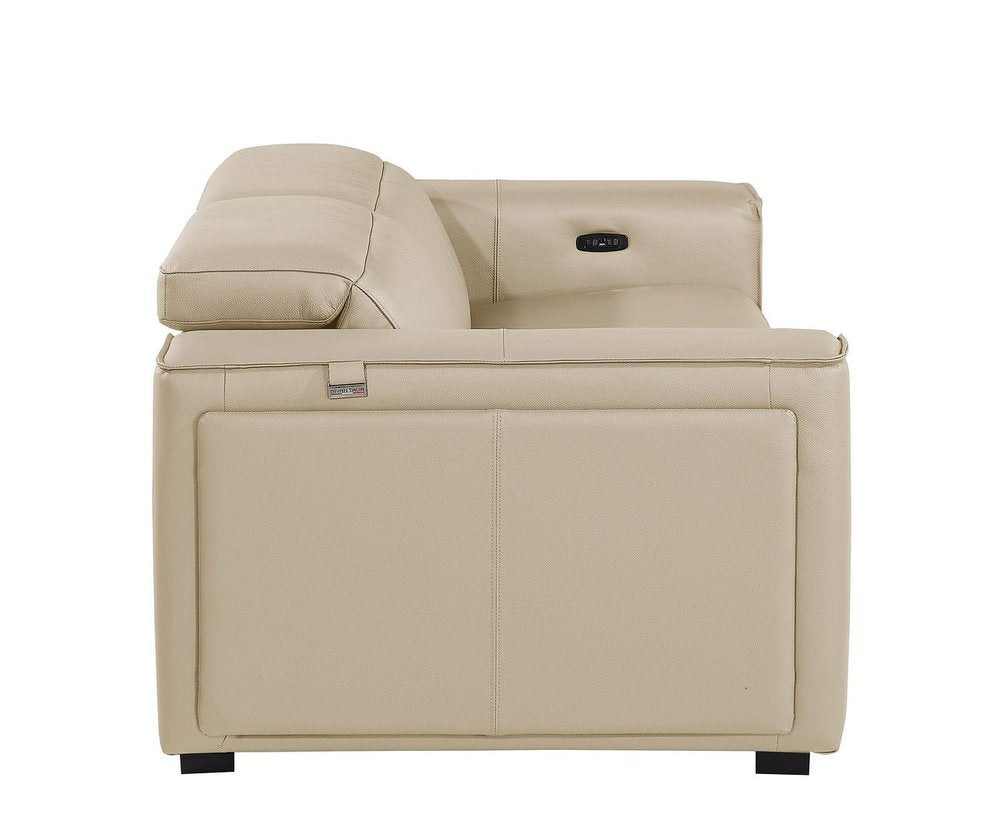 77" Cream and Brown Italian Leather Power Reclining Loveseat With Storage