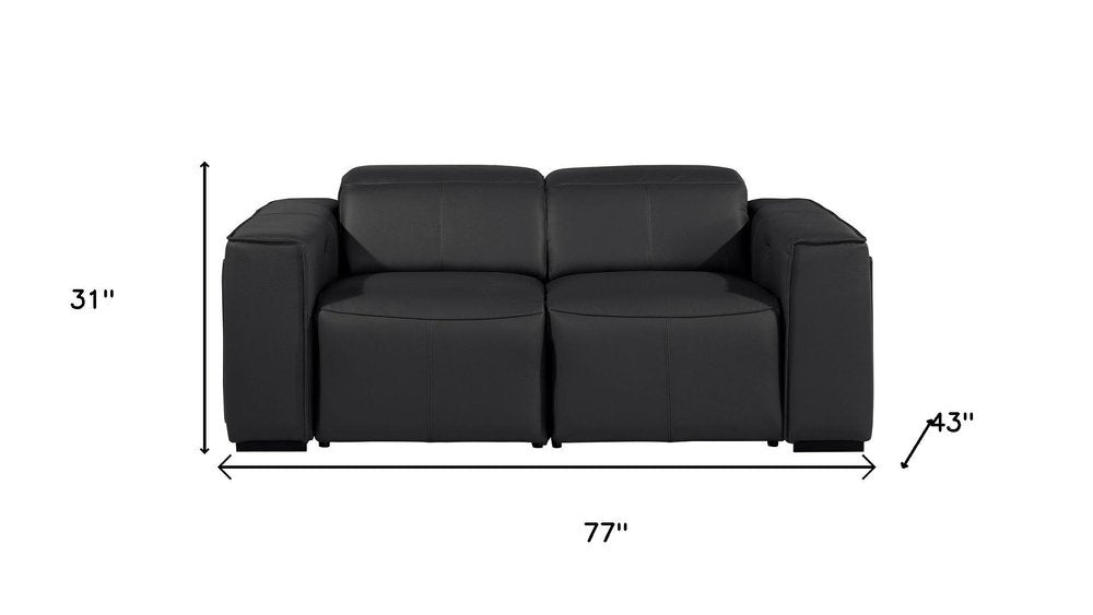 77" Black and Brown Italian Leather Power Reclining Loveseat With Storage
