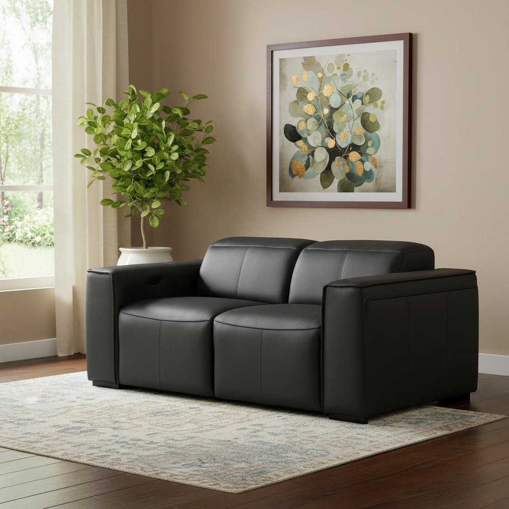 77" Black and Brown Italian Leather Power Reclining Loveseat With Storage
