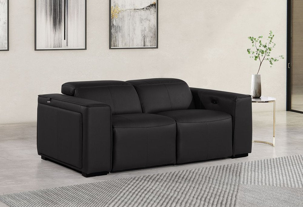 77" Black and Brown Italian Leather Power Reclining Loveseat With Storage