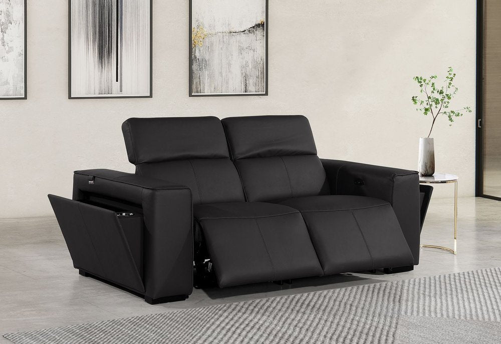 77" Black and Brown Italian Leather Power Reclining Loveseat With Storage