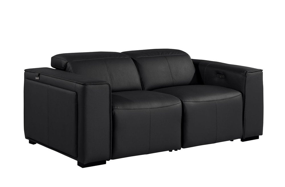 77" Black and Brown Italian Leather Power Reclining Loveseat With Storage
