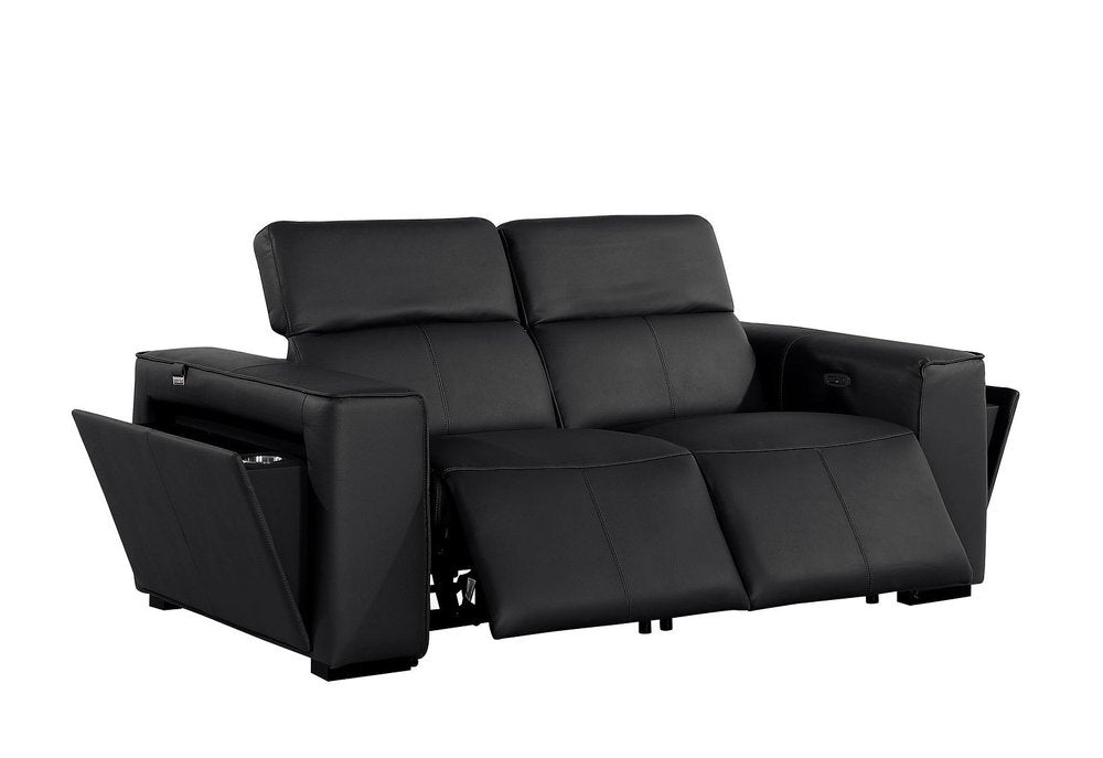 77" Black and Brown Italian Leather Power Reclining Loveseat With Storage