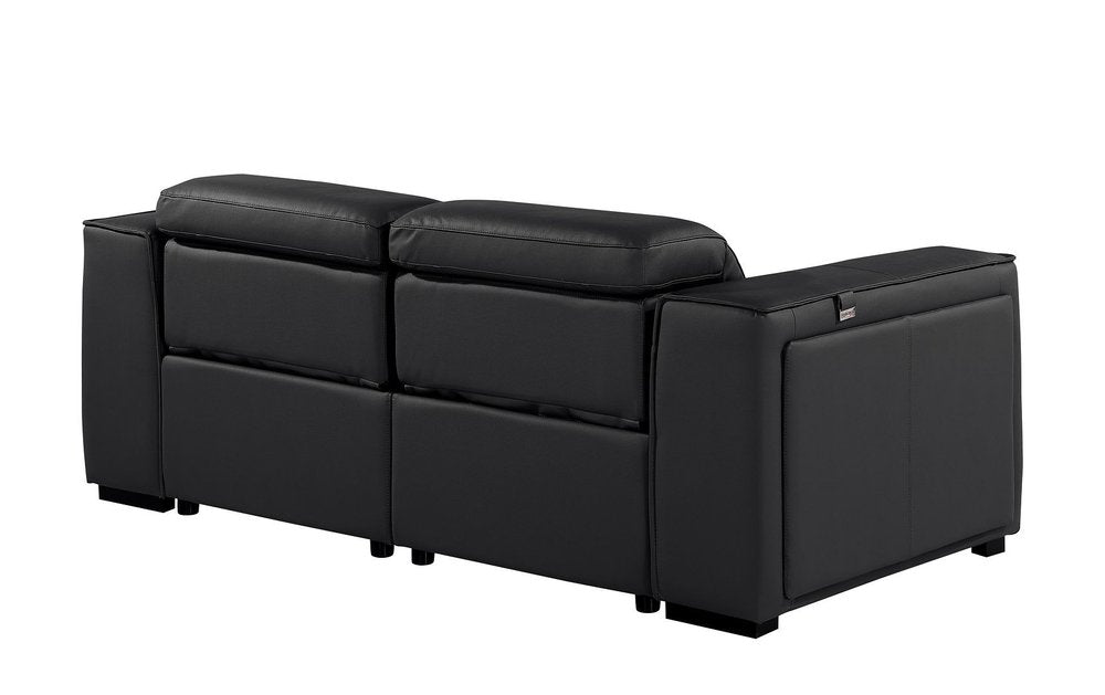 77" Black and Brown Italian Leather Power Reclining Loveseat With Storage