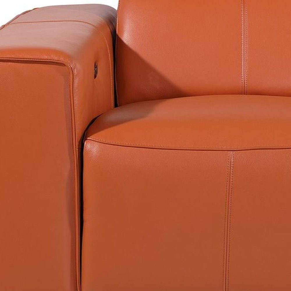 77" Orange and Brown Italian Leather Power Reclining Loveseat With Storage