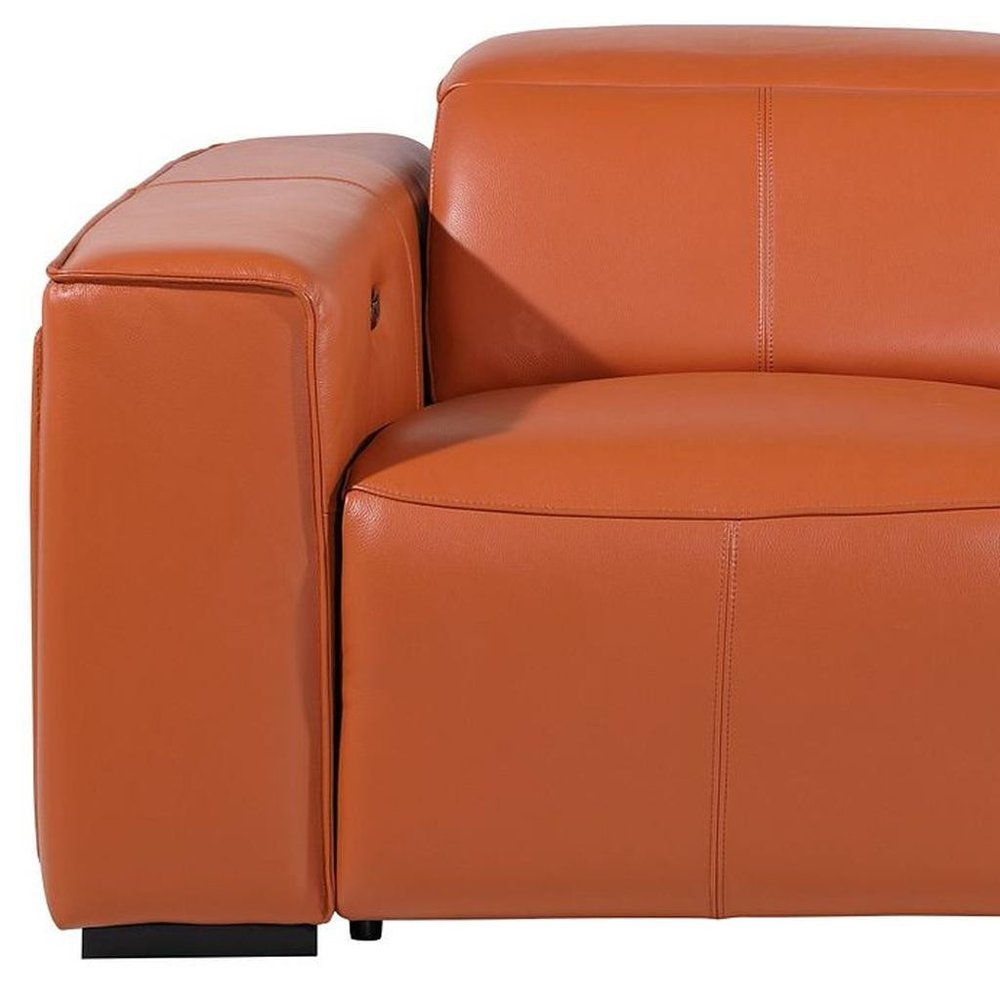 77" Orange and Brown Italian Leather Power Reclining Loveseat With Storage