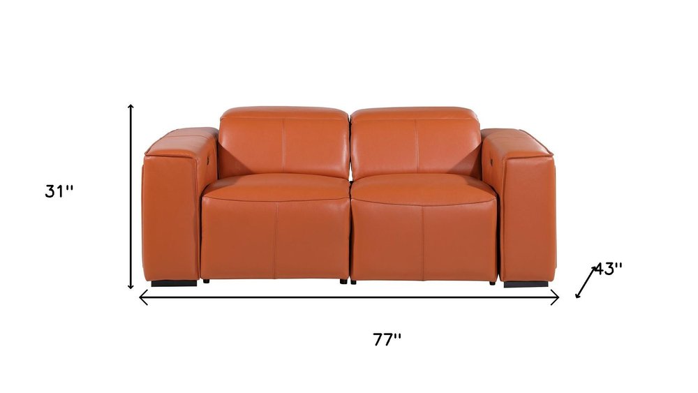 77" Orange and Brown Italian Leather Power Reclining Loveseat With Storage