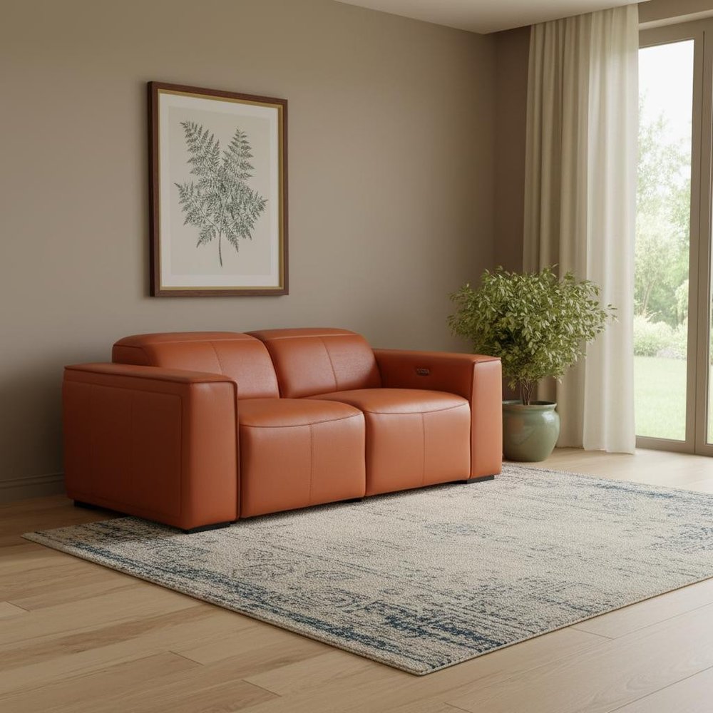 77" Orange and Brown Italian Leather Power Reclining Loveseat With Storage