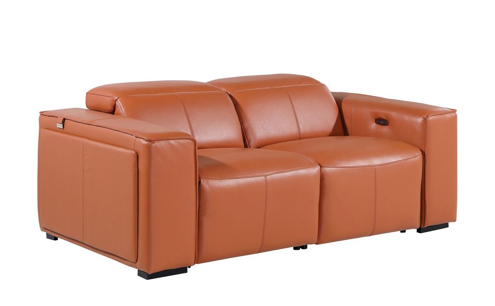 77" Orange and Brown Italian Leather Power Reclining Loveseat With Storage