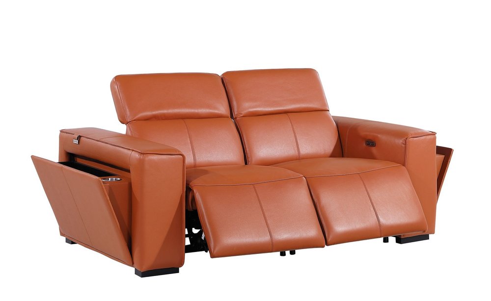 77" Orange and Brown Italian Leather Power Reclining Loveseat With Storage
