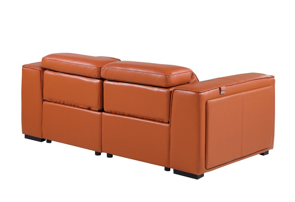 77" Orange and Brown Italian Leather Power Reclining Loveseat With Storage