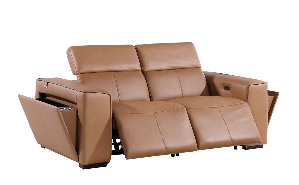 77" Brown and Black Italian Leather Power Reclining Loveseat With Storage