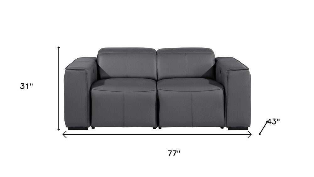 77" Dark Gray and Brown Italian Leather Power Reclining Loveseat With Storage