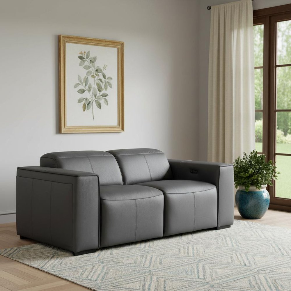 77" Dark Gray and Brown Italian Leather Power Reclining Loveseat With Storage