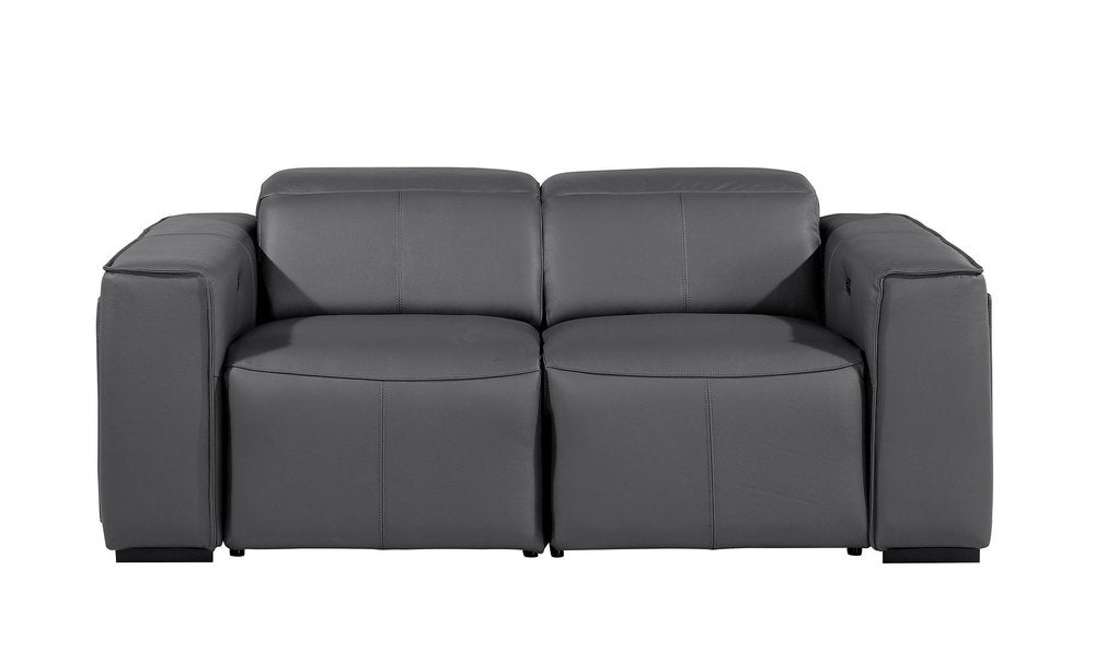 77" Dark Gray and Brown Italian Leather Power Reclining Loveseat With Storage