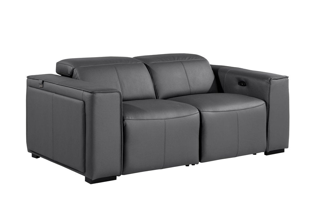 77" Dark Gray and Brown Italian Leather Power Reclining Loveseat With Storage