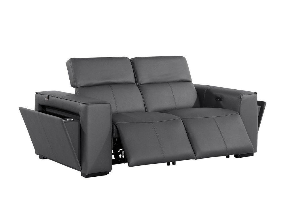 77" Dark Gray and Brown Italian Leather Power Reclining Loveseat With Storage