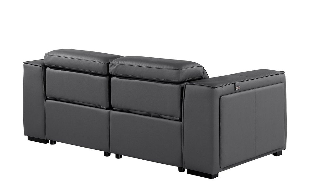 77" Dark Gray and Brown Italian Leather Power Reclining Loveseat With Storage