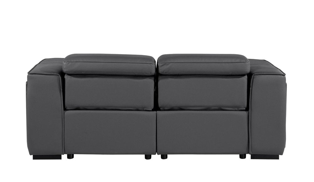 77" Dark Gray and Brown Italian Leather Power Reclining Loveseat With Storage
