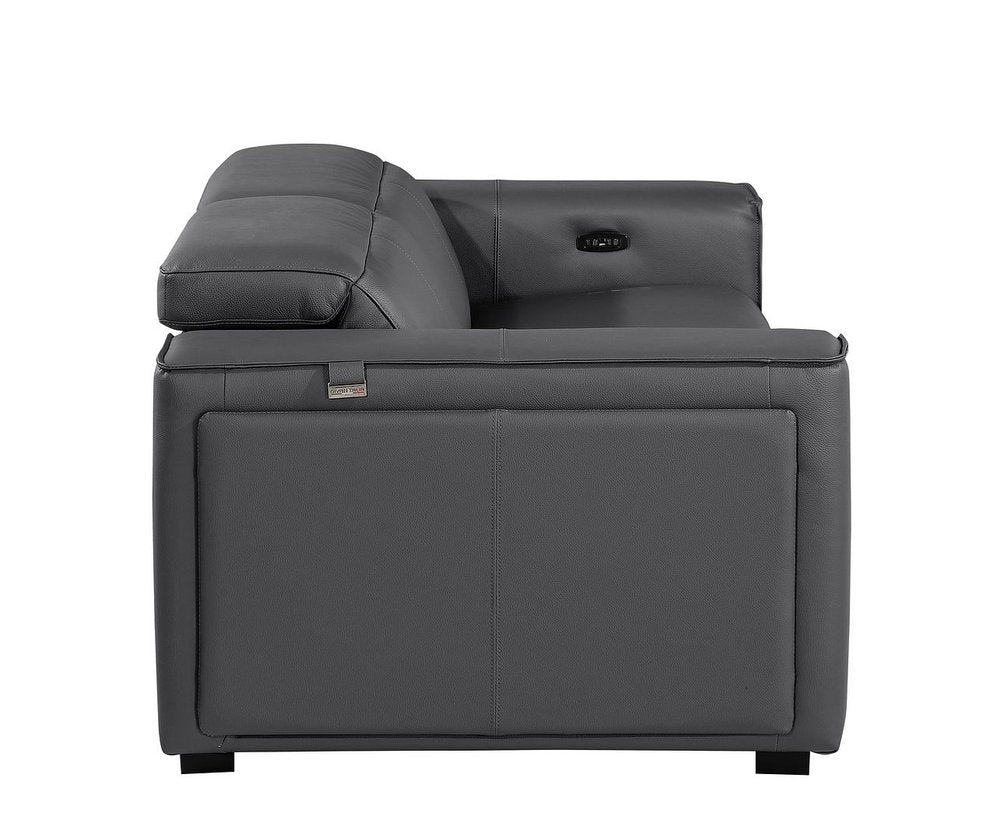 77" Dark Gray and Brown Italian Leather Power Reclining Loveseat With Storage