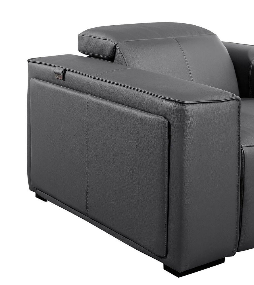 77" Dark Gray and Brown Italian Leather Power Reclining Loveseat With Storage