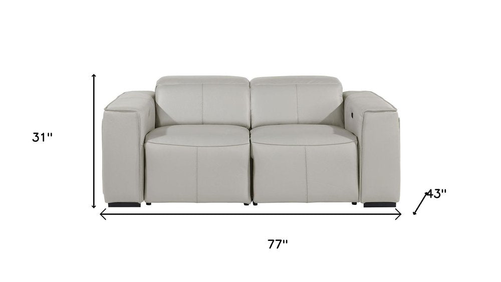 77" Light Gray and Brown Italian Leather Power Reclining Loveseat With Storage