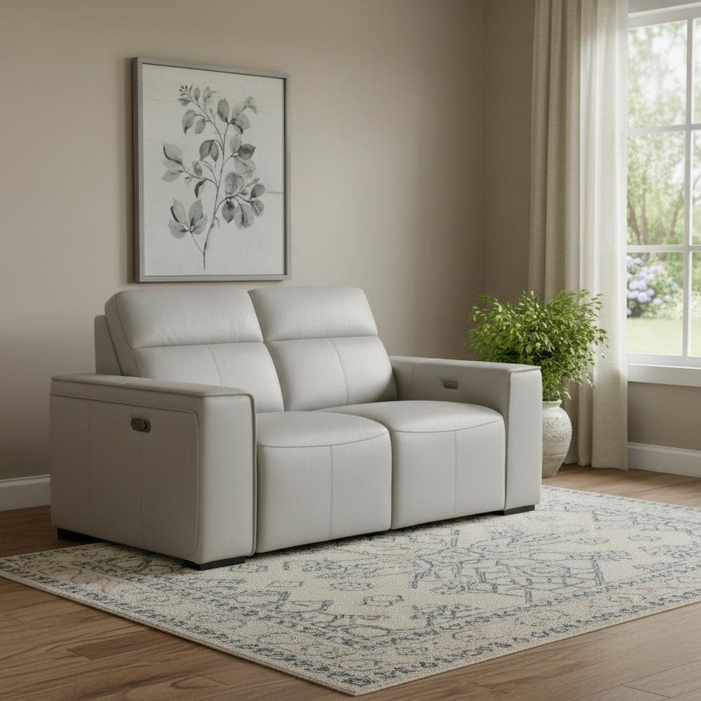 77" Light Gray and Brown Italian Leather Power Reclining Loveseat With Storage