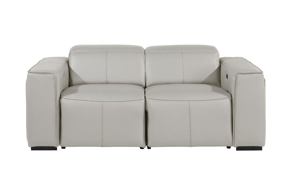 77" Light Gray and Brown Italian Leather Power Reclining Loveseat With Storage