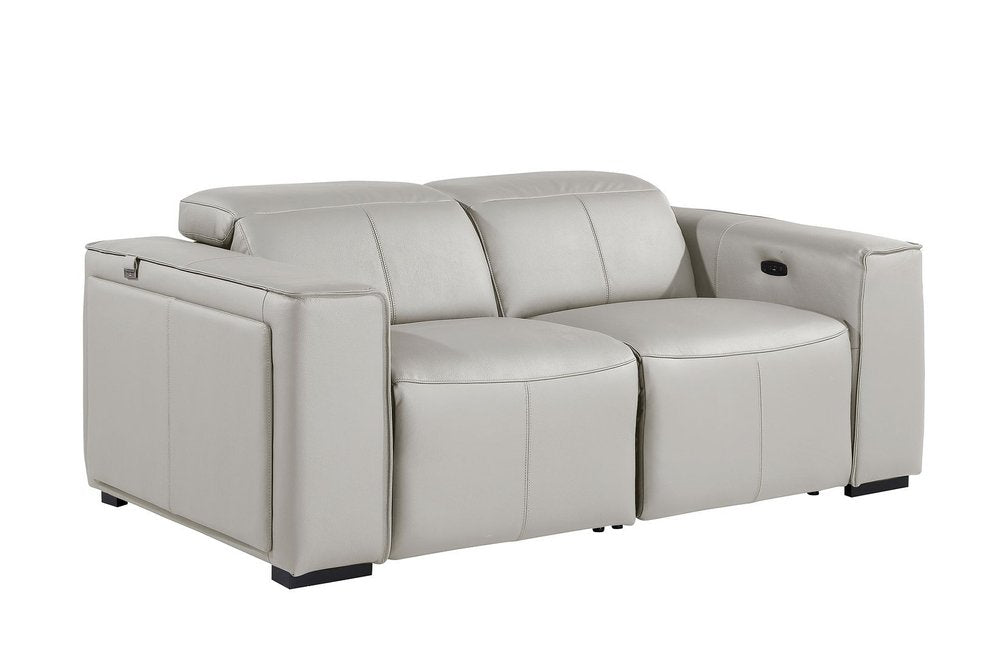 77" Light Gray and Brown Italian Leather Power Reclining Loveseat With Storage
