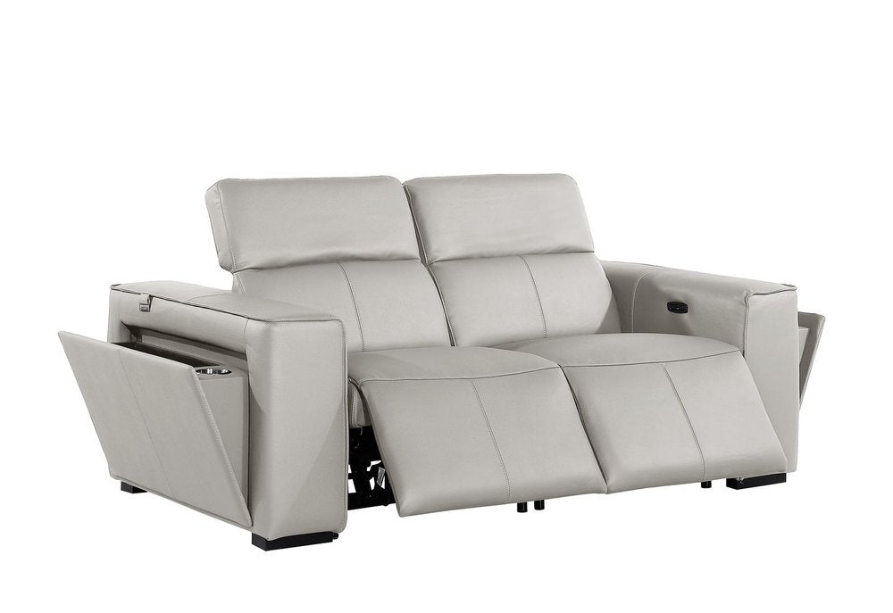 77" Light Gray and Brown Italian Leather Power Reclining Loveseat With Storage
