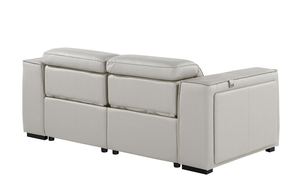 77" Light Gray and Brown Italian Leather Power Reclining Loveseat With Storage