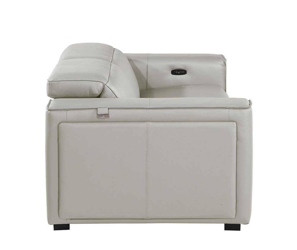 77" Light Gray and Brown Italian Leather Power Reclining Loveseat With Storage