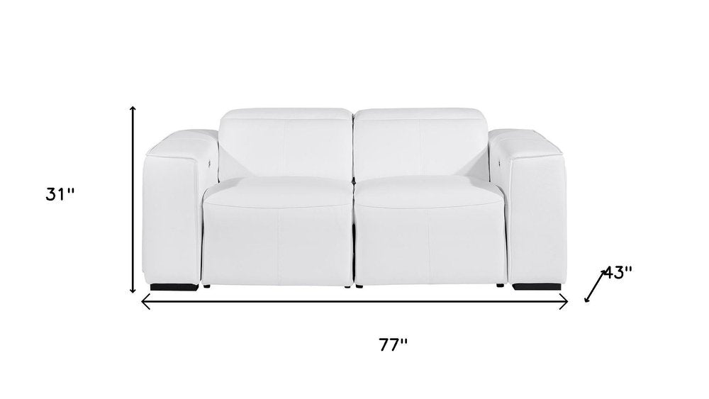 77" White and Brown Italian Leather Power Reclining Loveseat With Storage