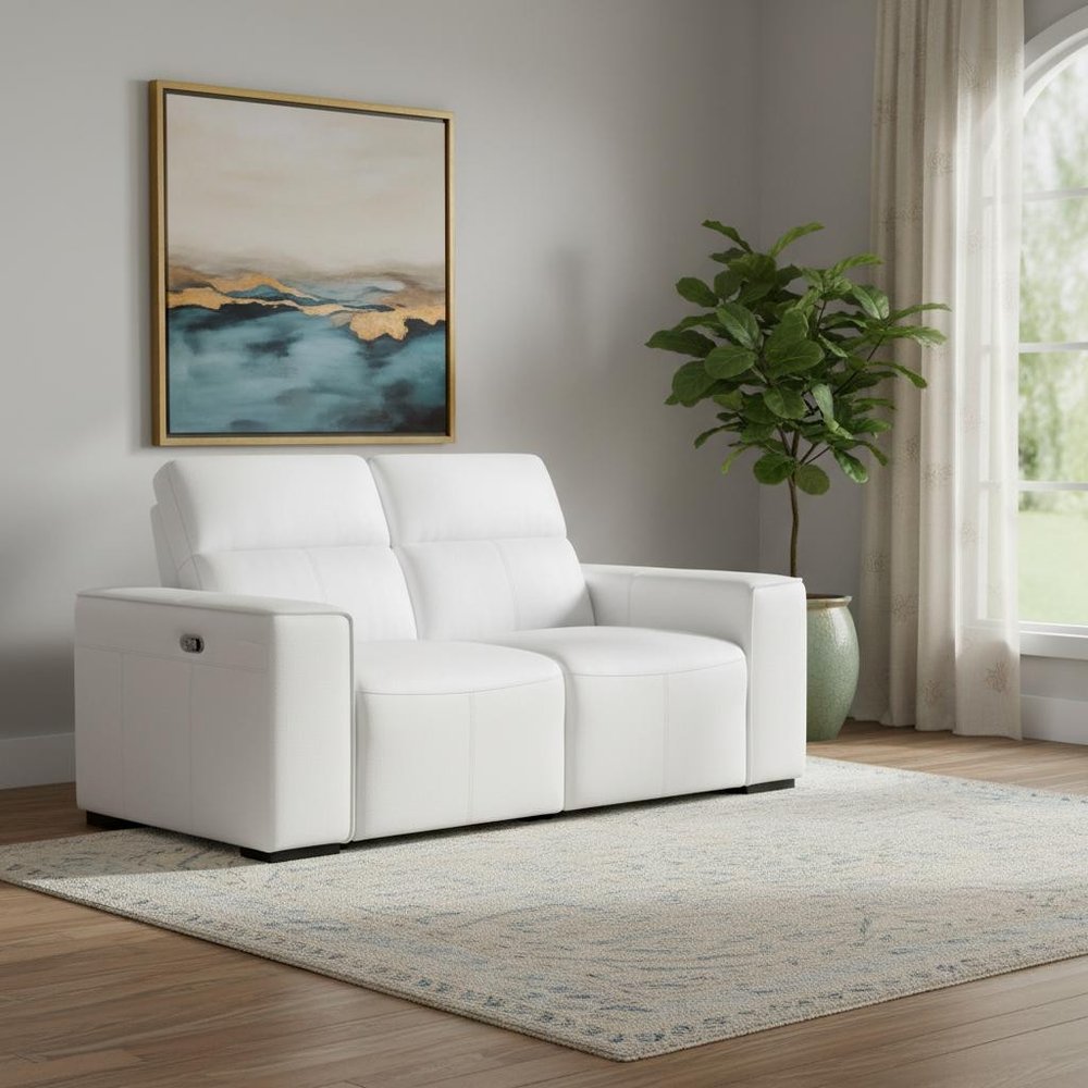 77" White and Brown Italian Leather Power Reclining Loveseat With Storage