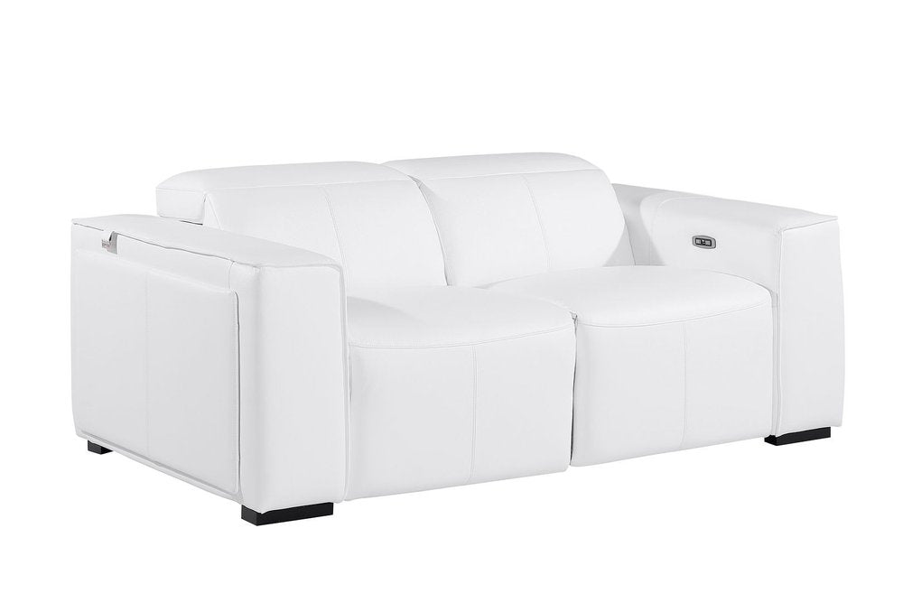 77" White and Brown Italian Leather Power Reclining Loveseat With Storage