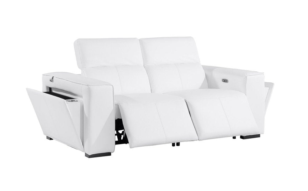 77" White and Brown Italian Leather Power Reclining Loveseat With Storage