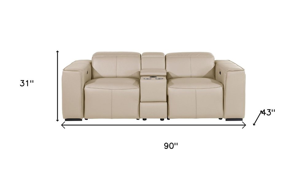 90" Cream and Brown Italian Leather Power Reclining Loveseat With Storage
